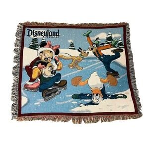 Vintage Walt Disney World Mickey Minnie Donald Goofy Ice Skating Woven Blanket